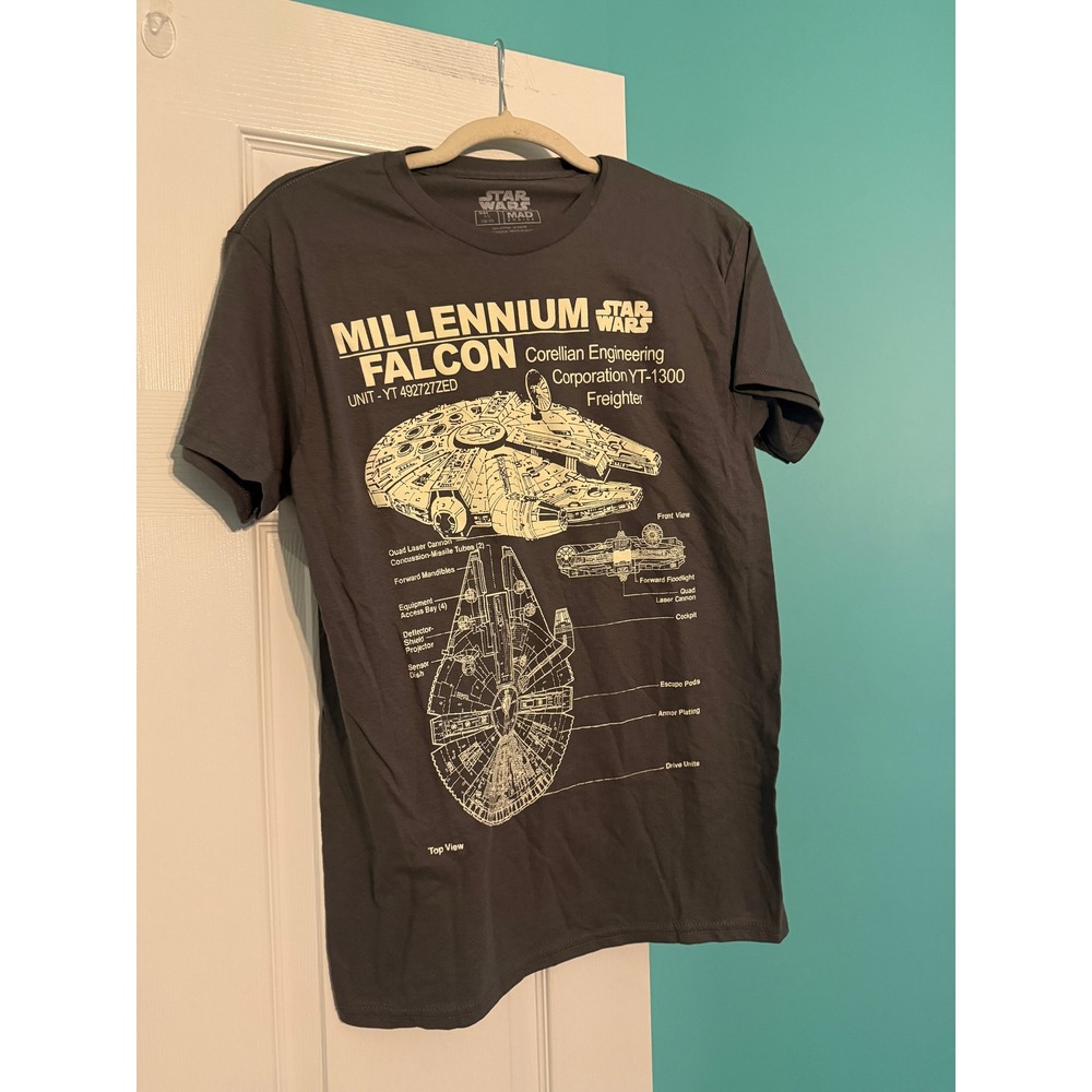 Star Wars Millennium Falcon Blueprint Graphic T-Shirt Mad Engine Gray Small